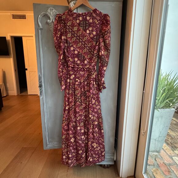 Julia Jordan Maxi Dress Sz 8 Boho Tiered Chiffon Burgundy Floral Long Sleeve - Picture 11 of 16